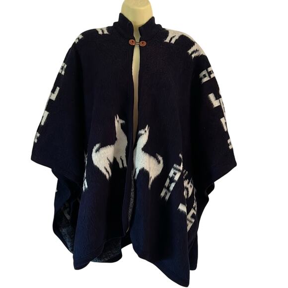 Llama INCA Print Navy Blue White Poncho Sweater Cape Boho Hippie Cozy Warm - Picture 3 of 11